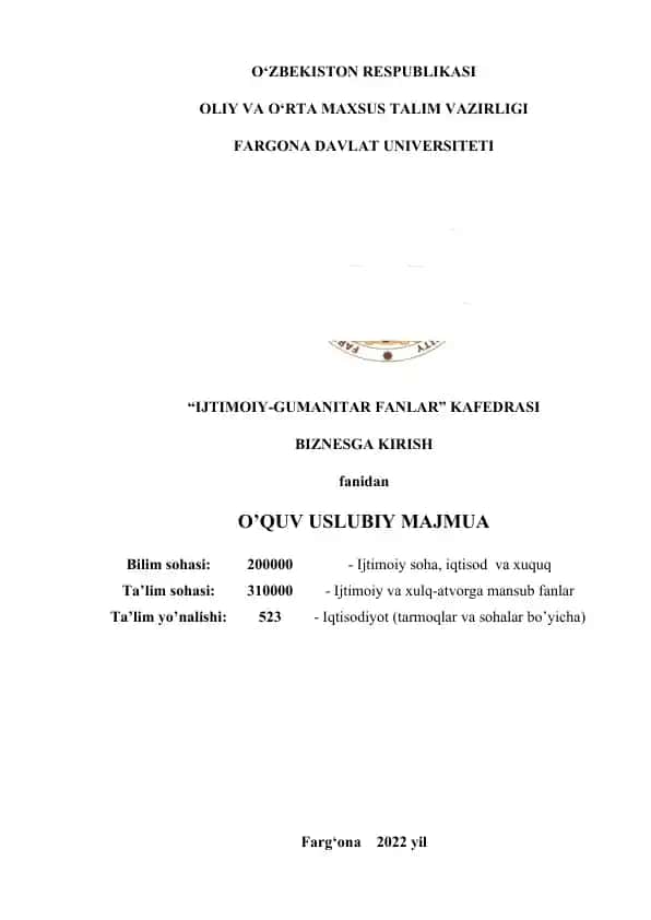 O‘quv-uslubiy majmua “Biznesga kirish”