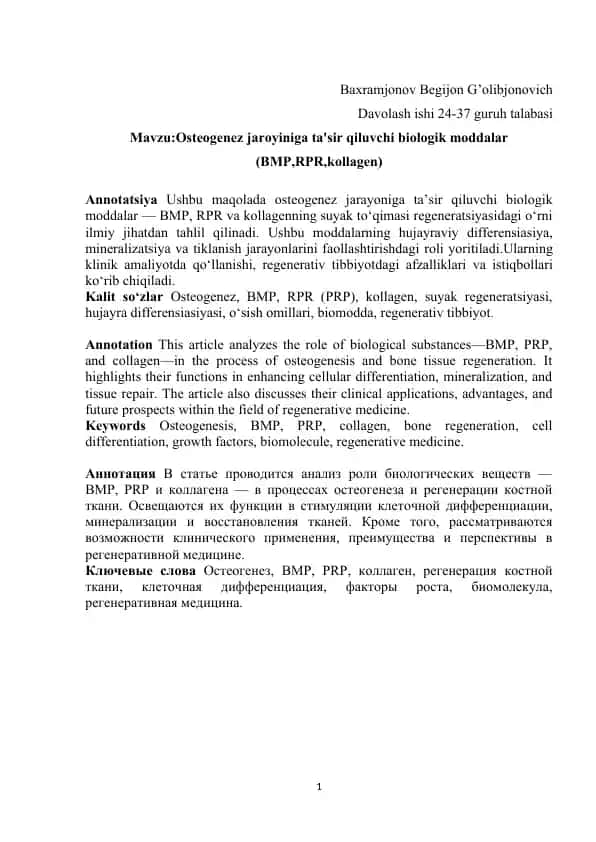 Osteogenez jaroyiniga ta'sir qiluvchi biologik moddalar