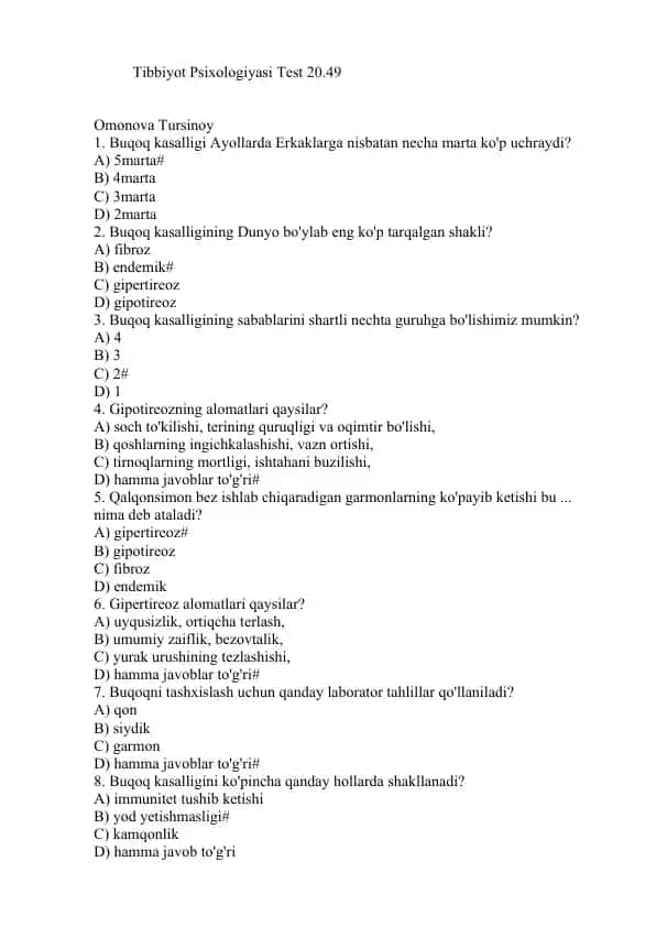 Tibbiyot Psixologiyasi Test