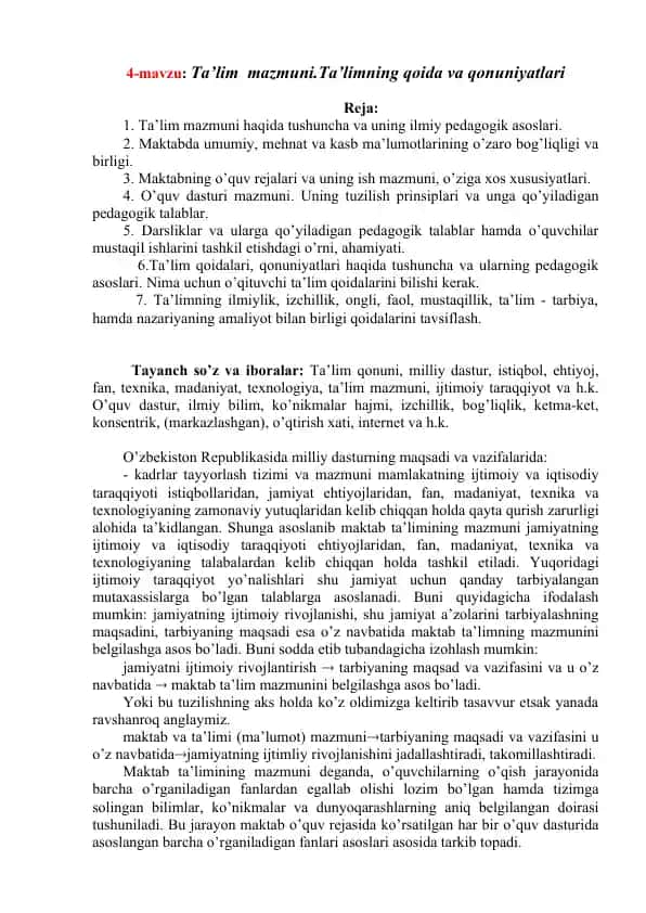 Ta’lim mazmuni va uning ilmiy pedagogik asoslari