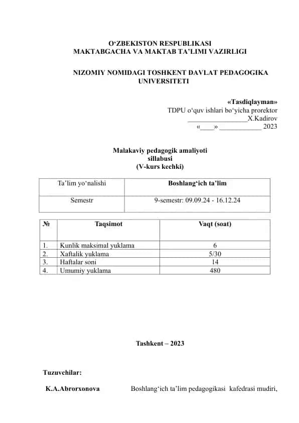 Malakaviy pedagogik amaliyoti sillabusi (V-kurs kechki)