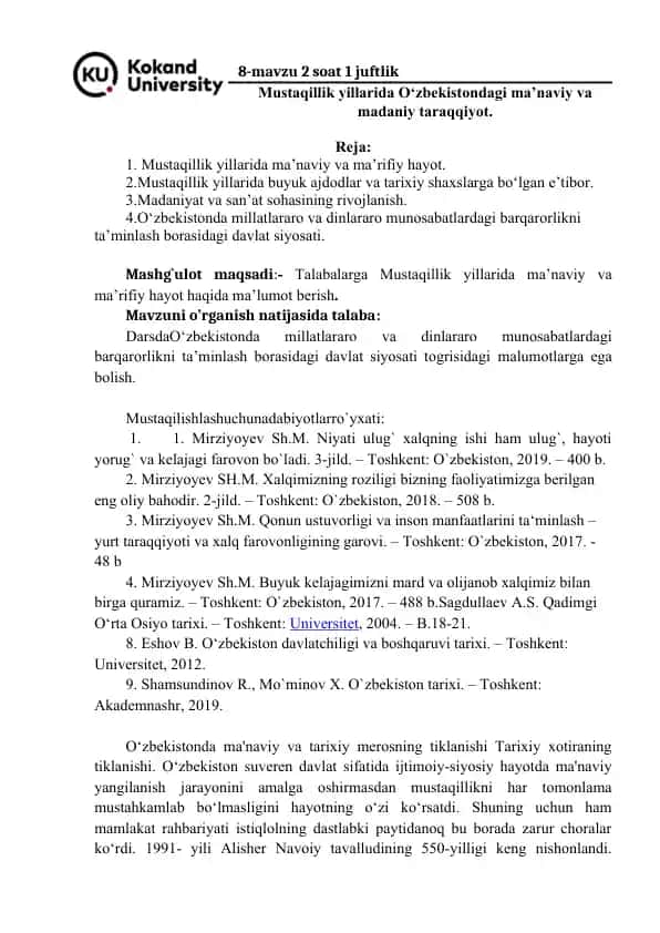Mustaqillik yillarida O‘zbekistondagi ma’naviy va madaniy taraqqiyot