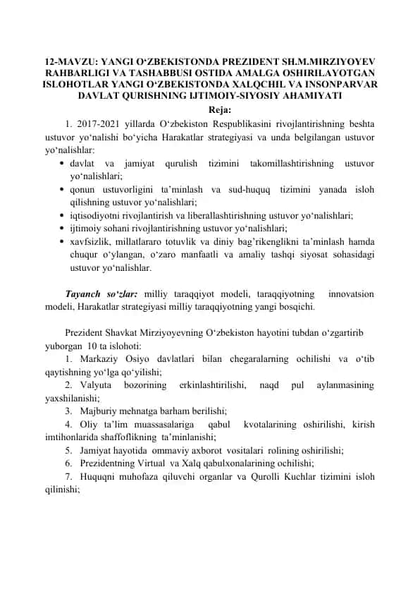 O‘zbekistonda Prezident Sh.M.Mirziyoyev Rahbarligi va Tashabbusi Ostida Amalga Oshirilayotgan Ishlohlar