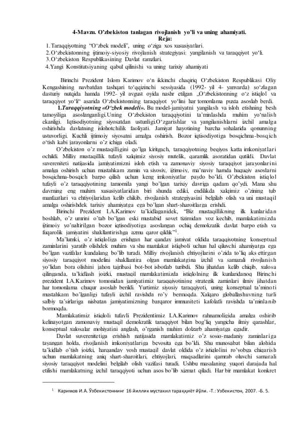 O'zbekiston tanlagan rivojlanish yo’li va uning ahamiyati