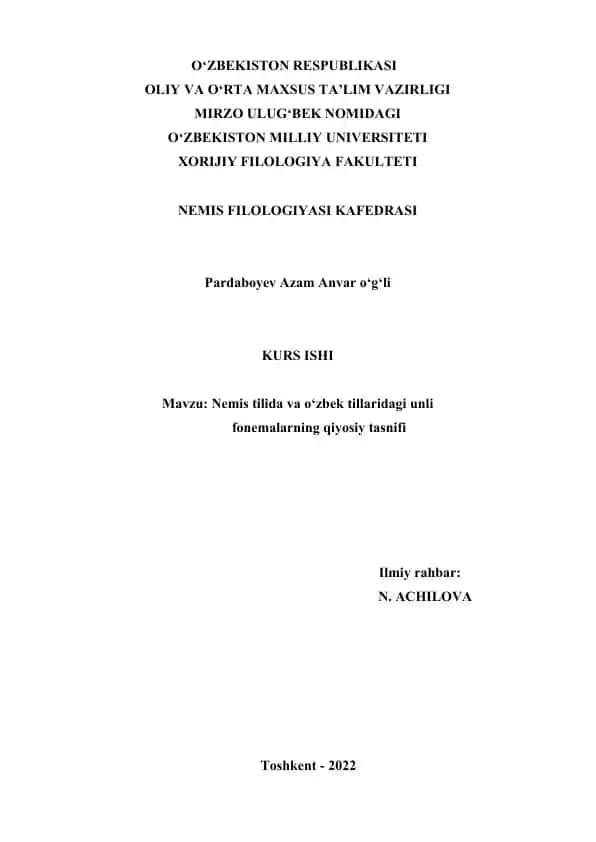 Vergleichende Klassifikation von Vokalphonemen im Deutschen und Usbekischen