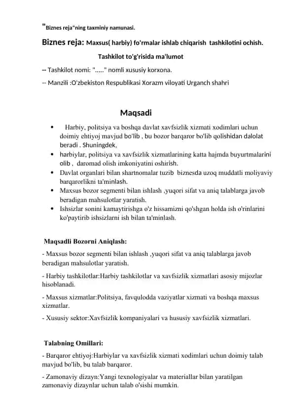 Biznes reja: Maxsus (harbiy) formalar ishlab chiqarish tashkilotini ochish