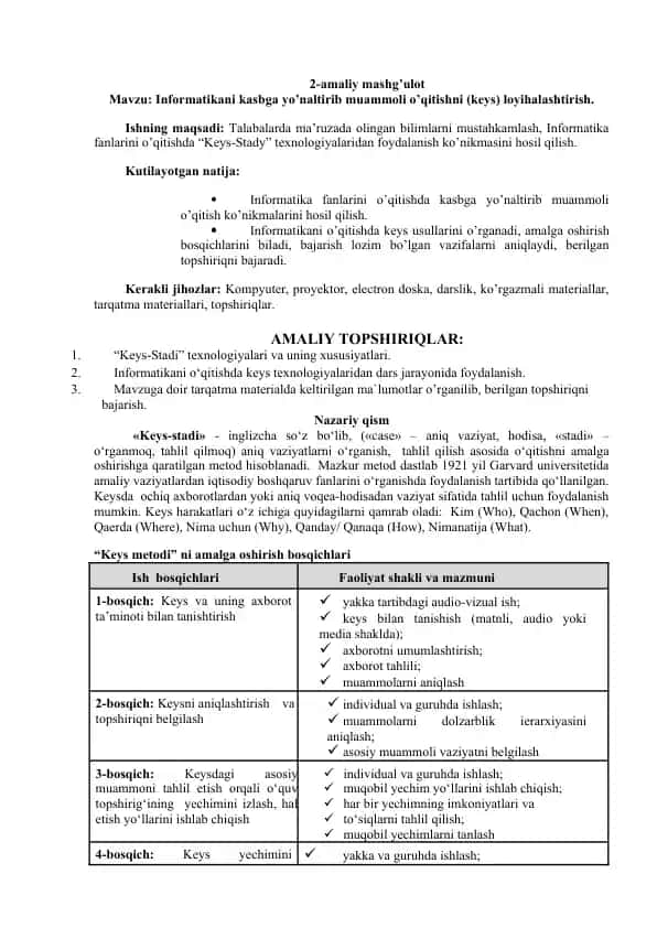 Informatikani kasbga yo’naltirib muammoli o’qitish loyihalari (Keys)