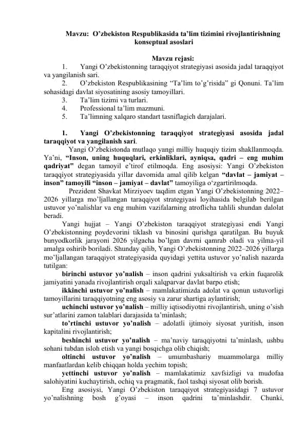O'zbekiston Respublikasida ta'lim tizimini rivojlantirishning konseptual asoslari