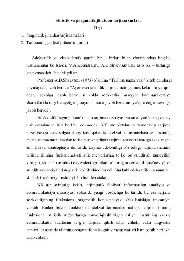 Stilistik va pragmatik jihatdan tarjima turlari