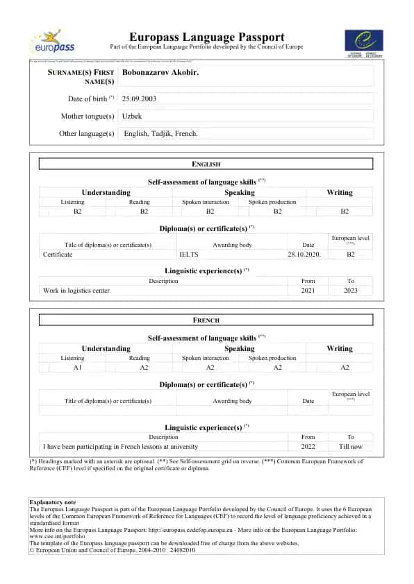 Europass Language Passport