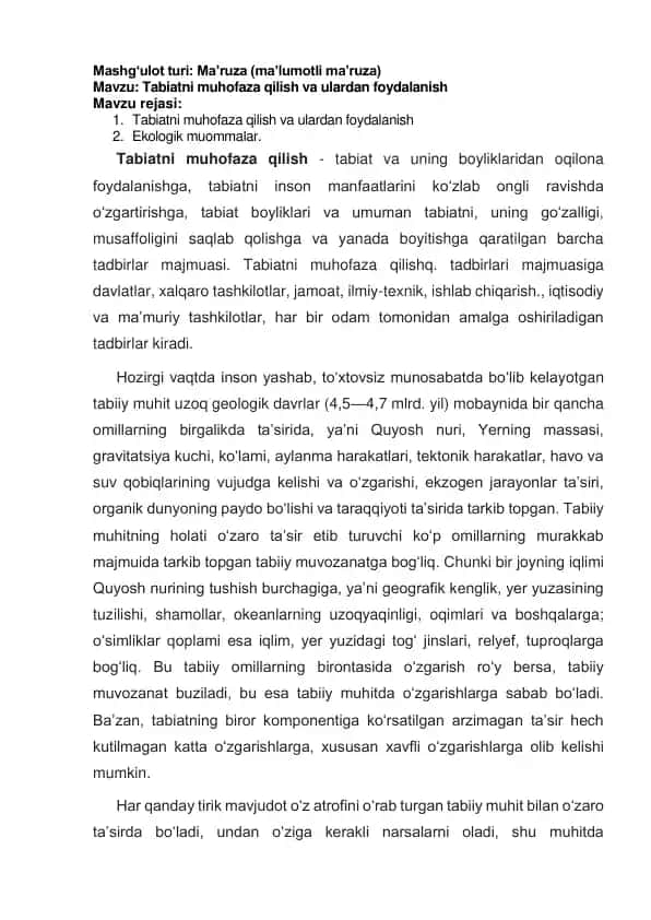 Tabiatni muhofaza qilish va ulardan foydalanish