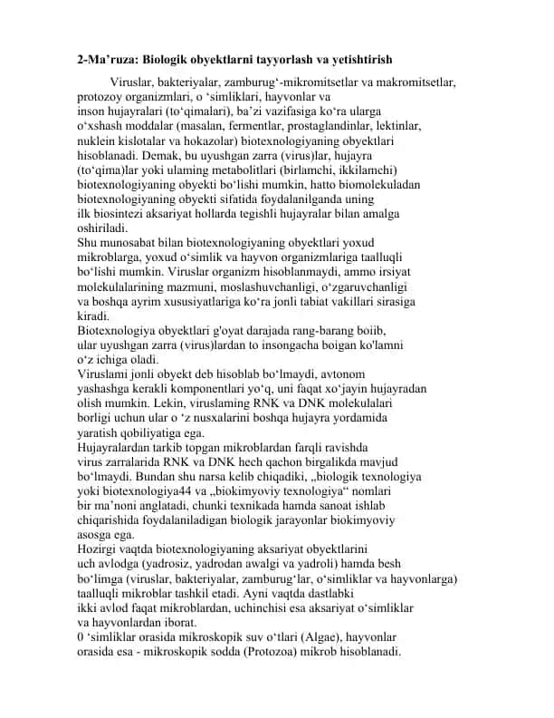 Biologik obyektlarni tayyorlash va yetishtirish