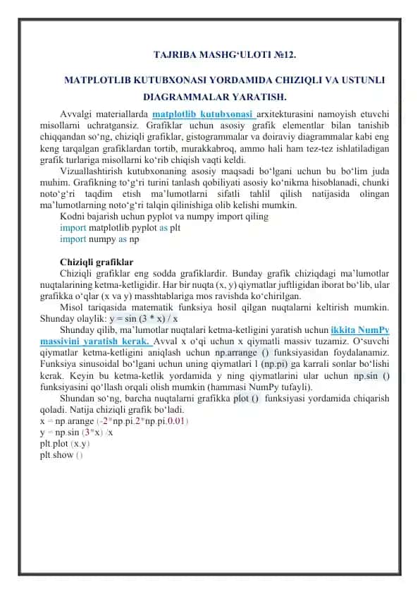 Matplotlib kutubxonasida chiziqli va ustunli diagrammalar yaratish