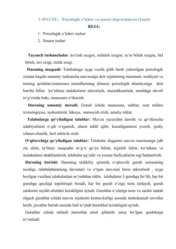 Psixologik o’lchov va sensor deprivatsiyasi