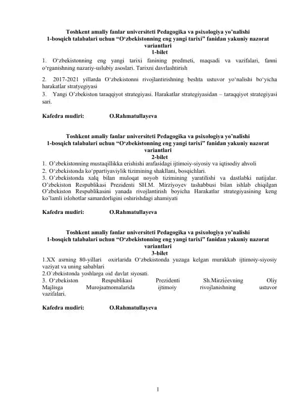 O‘zbekistonning eng yangi tarixi nazorat variantlari