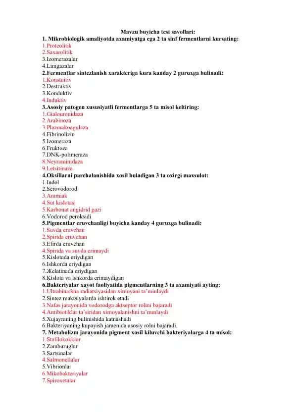 Mikrobiologiya test savollari