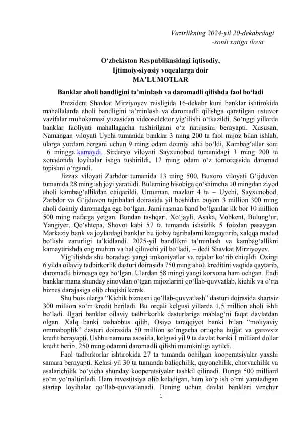 Banklar faoliyati va aholi bandligi