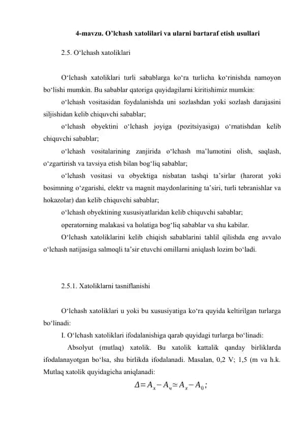 O‘lchash xatolilari va ularni bartaraf etish usullari