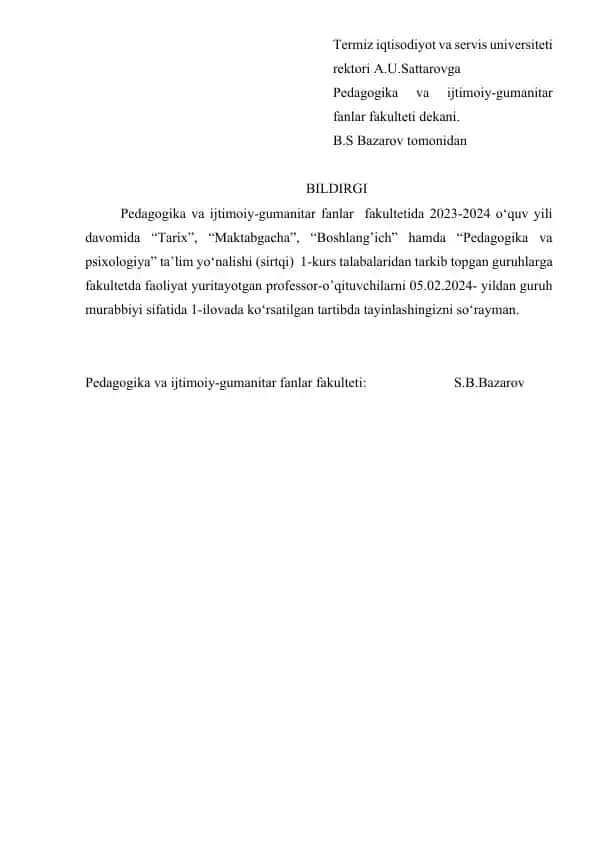 Pedagogika va ijtimoiy-gumanitar fanlar fakulteti bildirgi