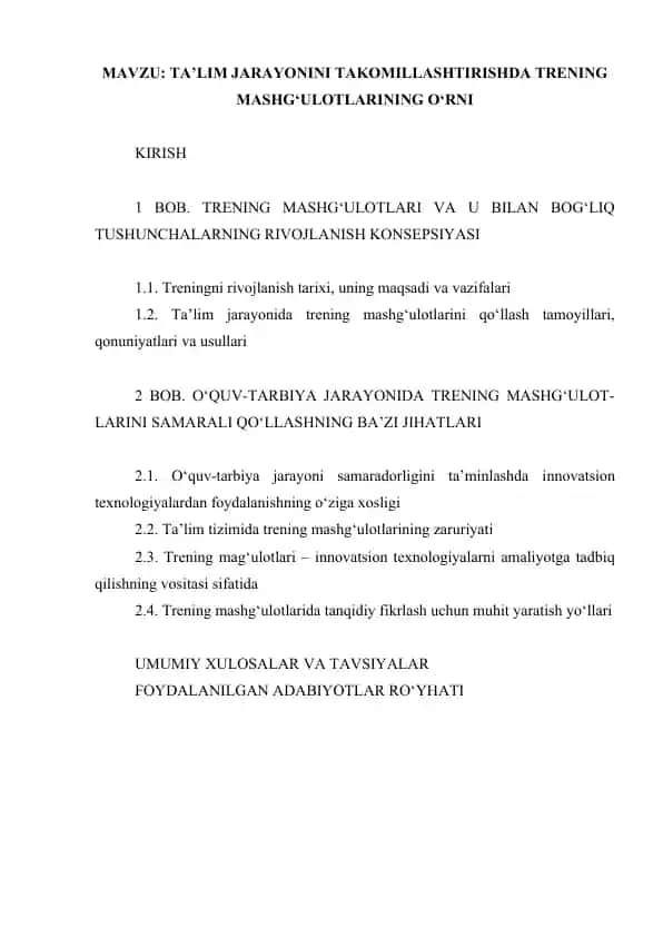 Trening mashg'ulotlari va ularning o'rnini takomillashtirish