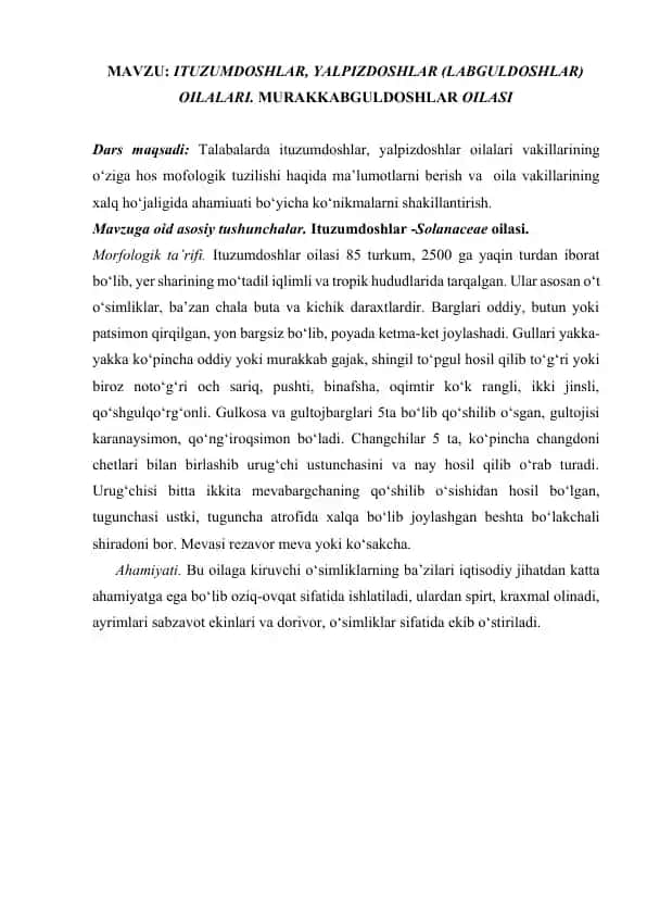 ITUZUMDOSHLAR, YALPIZDOSHLAR (LABGULDOSHLAR) OILALARI. MURAKKABGULDOSHLAR OILASI