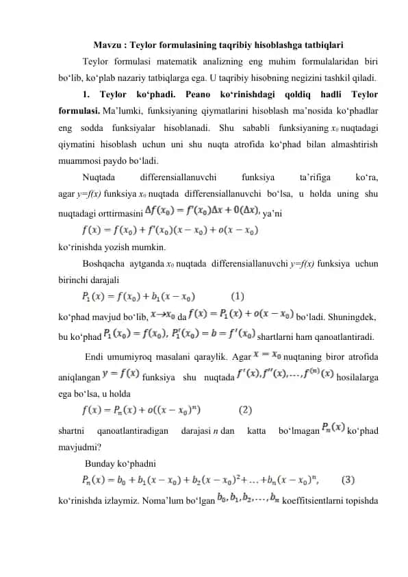 Teylor formulasining taqribiy hisoblashga tatbiqlari