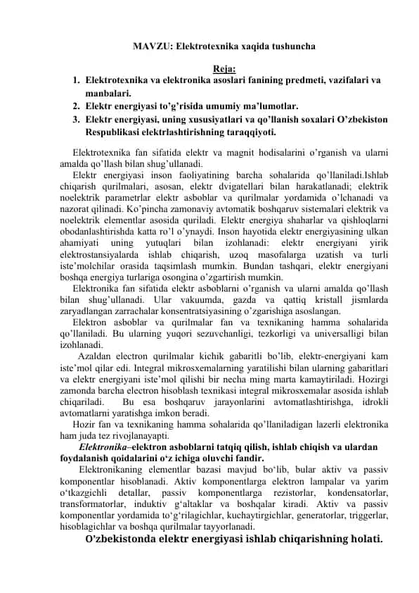 Elektrotexnika va elektronika asoslari