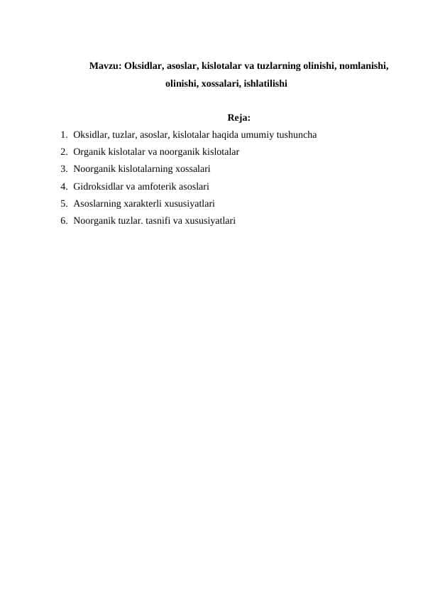 Oksidlar, asoslar, kislotalar va tuzlar