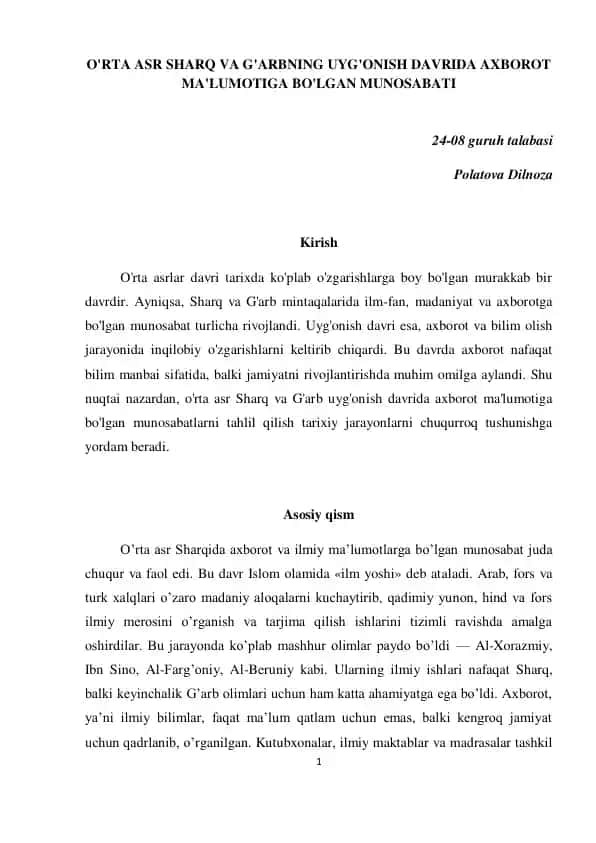 O'rta asr Sharq va G'arbning uyg'onish davrida axborot ma'lumotiga bo'lgan munosabati