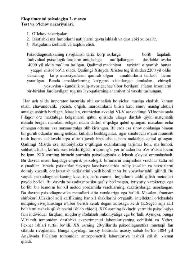 Eksprimental psixologiya 2- mavzu Test va o‘lchov nazariyalari