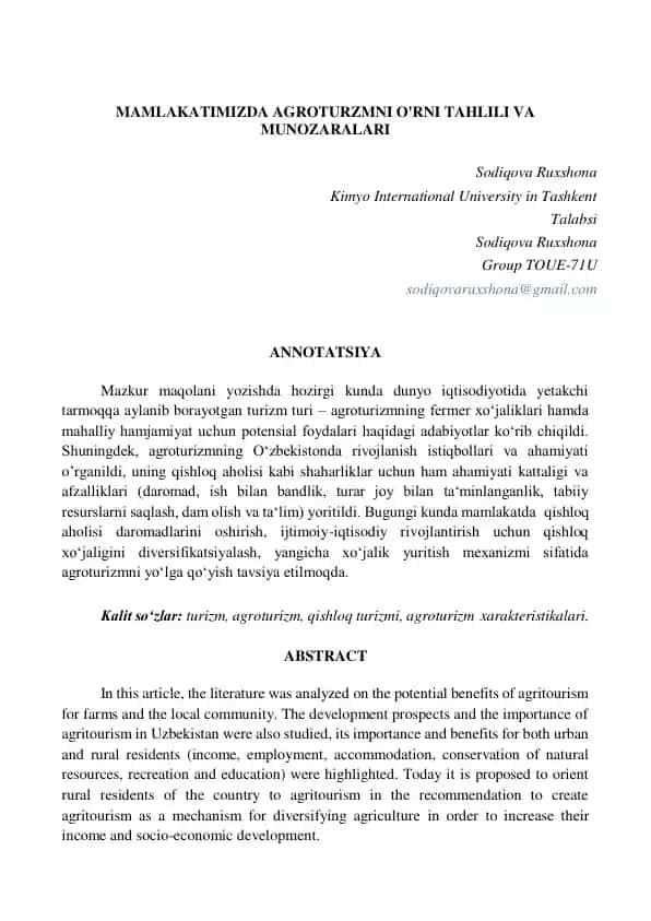 Agroturizm va uning ahamiyati Oʻzbekistonda