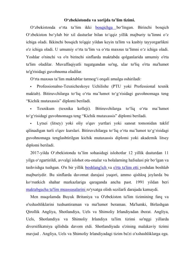 Oʻzbekistonda va xorijda ta’lim tizimi