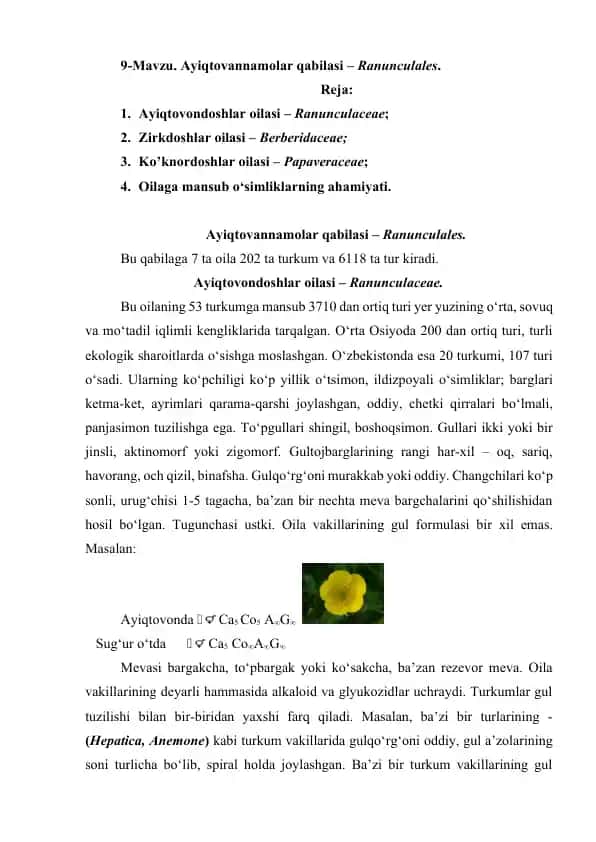 Ayiqtovondoshlar oilasi – Ranunculaceae