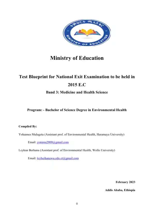 National Exit Examination Test Blueprint for Bachelor of Science Degree in Environmental Health