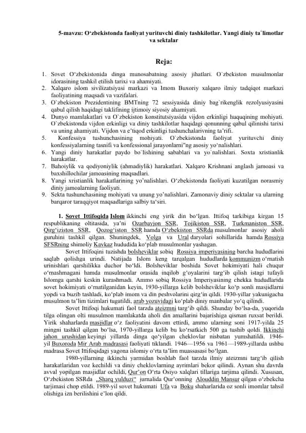 O‘zbekistonda faoliyat yurituvchi diniy tashkilotlar. Yangi diniy ta`limotlar va sektalar