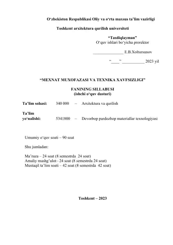 Mexnat muxofazasi va texnika xavfsizligi fani sillabusi