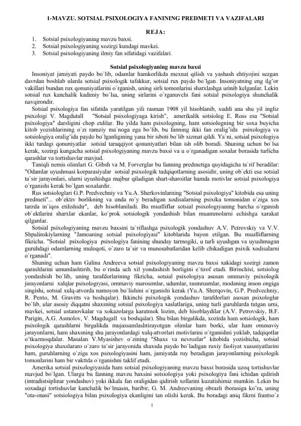 Sotsial psixologiya fanining predmeti va vazifalari