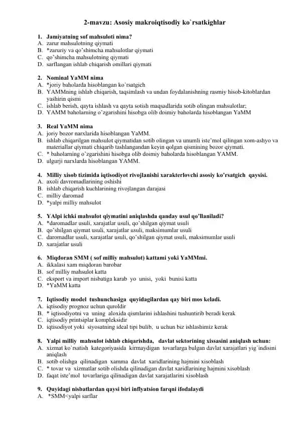 Asosiy makroiqtisodiy ko`rsatkighlar