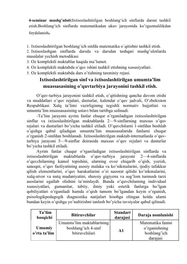 Ixtisoslashtirilgan boshlang‘ich sinflarda darsni tashkil etish
