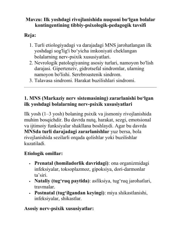Ilk yoshdagi rivojlanishida nuqsoni boʻlgan bolalar kontingentining tibbiy-psixologik-pedagogik tavsifi