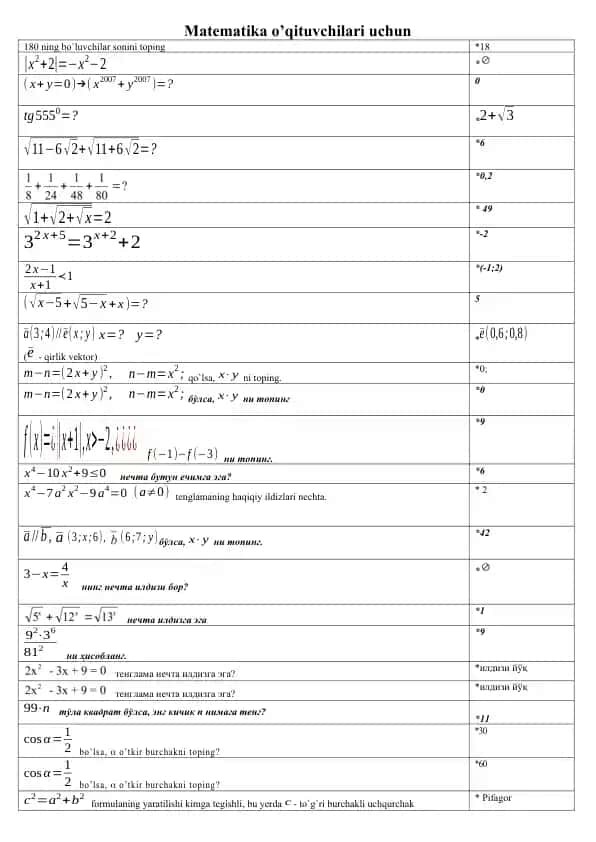 Matematika o’qituvchilari uchun