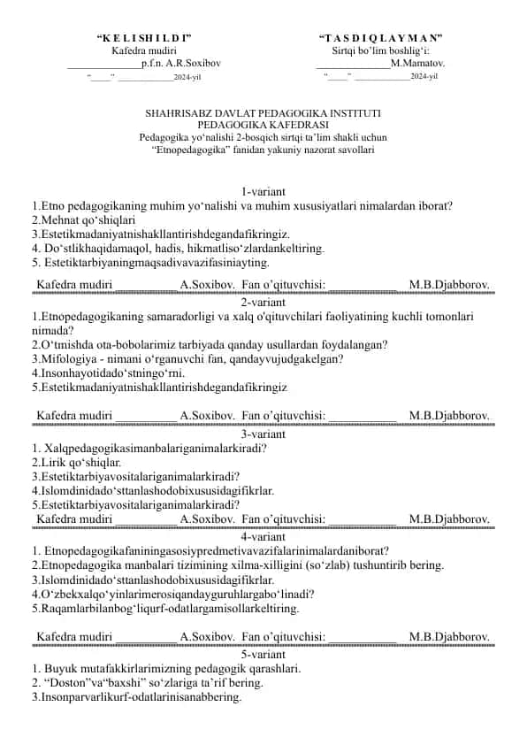Etnopedagogika fanidan yakuniy nazorat savollari to‘plami