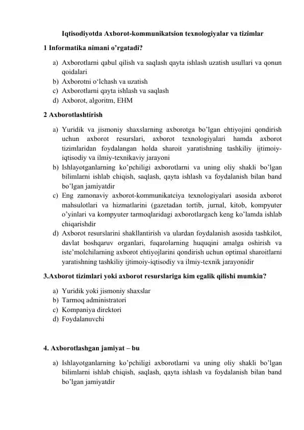 Iqtisodiyotda Axborot-kommunikatsion texnologiyalar va tizimlar