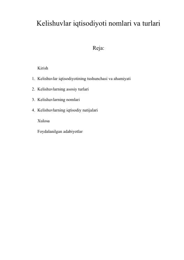 Kelishuvlar iqtisodiyoti nomlari va turlari