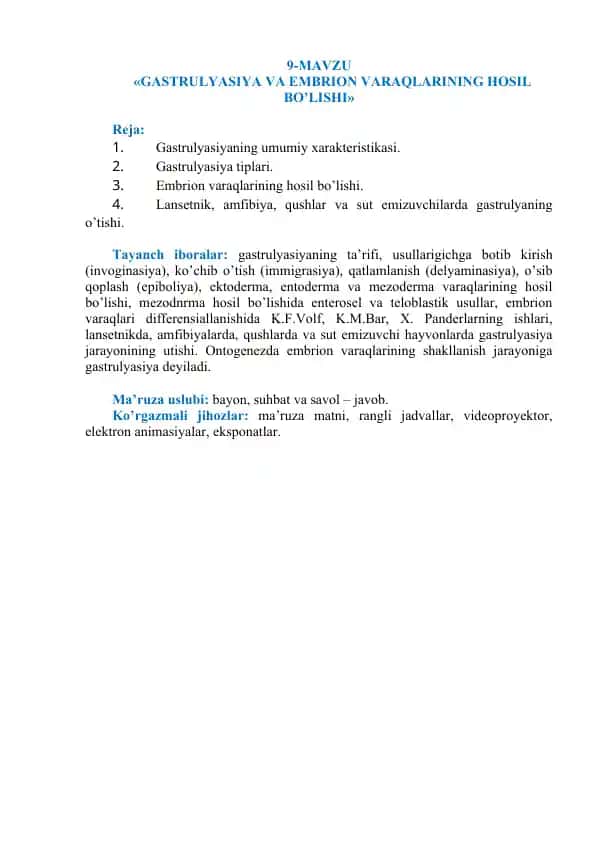 Gastrulyasiya va Embrion Varaqlarining Hosil Bo'lishi