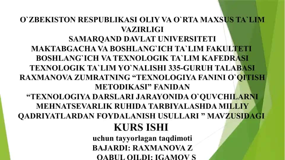 "Texnologiya fanini o'qitish metodikasi" kurs ishi