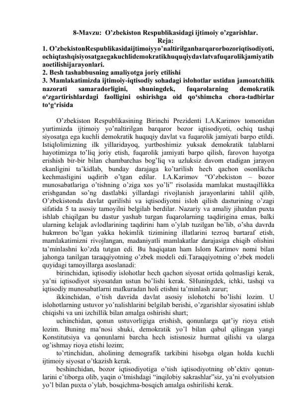 O’zbekiston Respublikasidagi ijtimoiy o’zgarishlar