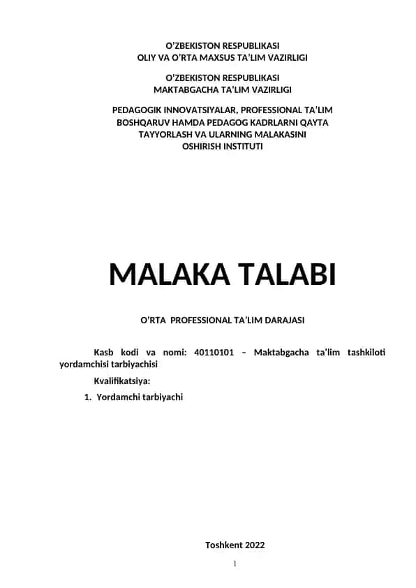 Maktabgacha ta’lim tashkiloti yordamchisi tarbiyachisi