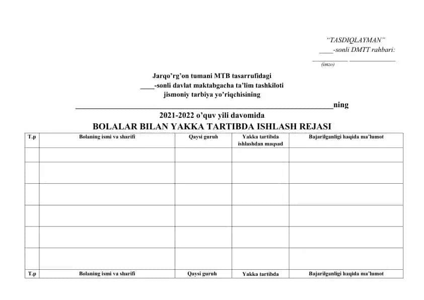 BOLALAR BILAN YAKKA TARTIBDA ISHLASH REJASI