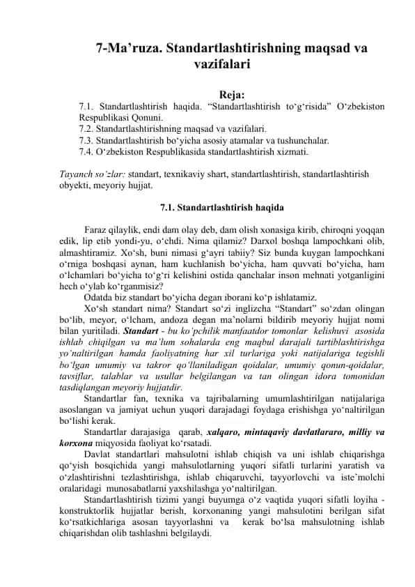 Standartlashtirishning maqsad va vazifalari